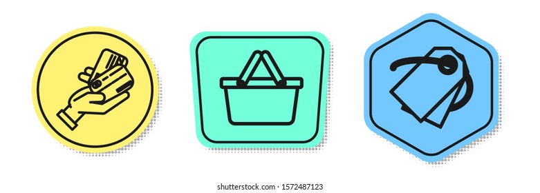 Set line Human hand holding with credit card, Shopping basket and Blank label template price tag. Colored shapes. Vector