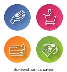 Set line Human hand holding with credit card, Add to Shopping cart, Credit card and Discount percent tag. Color circle button. Vector