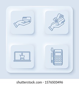 Set line Human hand holding with credit card, Human hand holding with credit card, Shopping cart on screen laptop and Pos terminal with inserted credit card. White square button. Vector