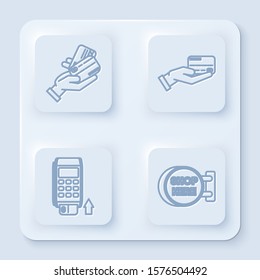 Set line Human hand holding with credit card, Pos terminal with inserted credit card and Signboard hanging with an inscription shop here. White square button. Vector
