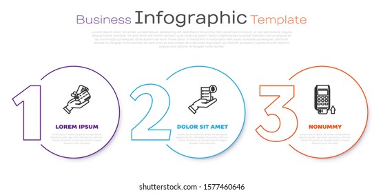 Set line Human hand holding with credit card, Human hand holding with blank receipt or bill for payment and Pos terminal with inserted credit card. Business infographic template. Vector