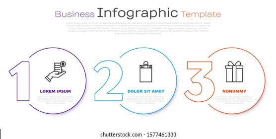 Set line Human hand holding with blank receipt or bill for payment, Paper shopping bag and Gift box. Business infographic template. Vector