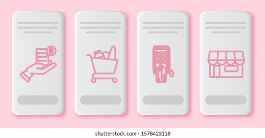 Set line Human hand holding with blank receipt or bill for payment, Shopping cart and food, Pos terminal with inserted credit card and Shopping building or market store. White rectangle button. Vector