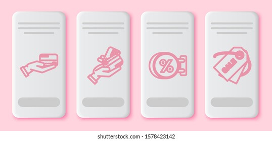Set line Human hand holding with credit card, Signboard hanging with an inscription discount percent and Price tag with an inscription Sale. White rectangle button. Vector