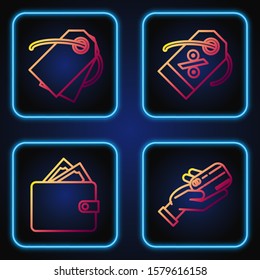 Set line Human hand holding with credit card, Wallet with stacks paper money cash, Blank label template price tag and Discount percent tag. Gradient color icons. Vector