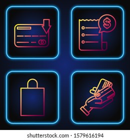 Set line Human hand holding with credit card, Paper shopping bag, Credit card and Paper check and financial check. Gradient color icons. Vector