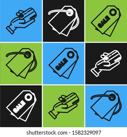 Set line Human hand holding with credit card, Price tag with an inscription Sale and Blank label template price tag icon. Vector