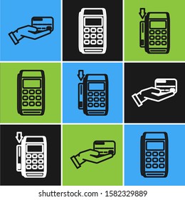 Set line Human hand holding with credit card, Pos terminal with inserted credit card and Pos terminal icon. Vector