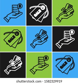Set line Human hand holding with blank receipt or bill for payment, Human hand holding with credit card and Price tag with an inscription Sale icon. Vector