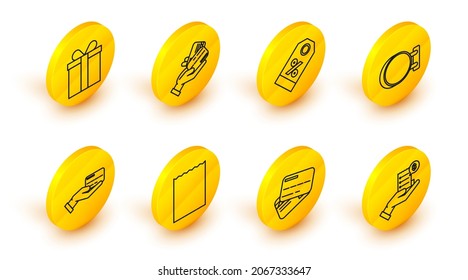 Set line Human hand holding with blank receipt or bill for payment, Credit card, Paper shopping bag, credit, Signboard hanging, Discount percent tag,  and Gift box icon. Vector