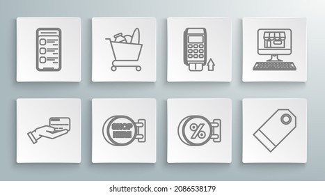 Set line Human hand holding with credit card, discount percent, Blank label template price tag, Pos terminal inserted, building screen computer and Online shopping mobile phone icon. Vector
