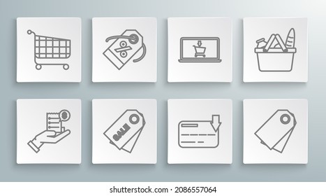 Fijar línea Mano humana con recibo en blanco o factura de pago, Precio de inscripción Venta, Tarjeta de crédito, Precio de plantilla de etiqueta en blanco, Portátil de pantalla de carrito de compras, comida de cesta e icono. Vector