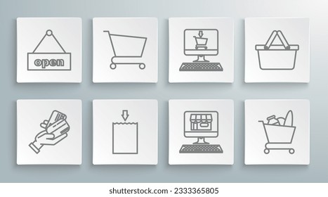 Set line Human hand holding with credit card, Shopping cart, Paper shopping bag, building on screen computer, food, basket and Hanging sign text Open door icon. Vector