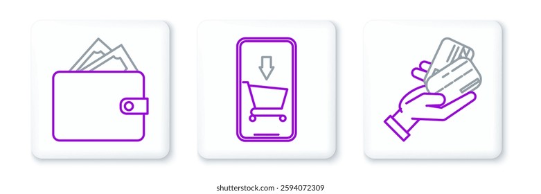 Set line Human hand holding with credit card, Wallet stacks paper money cash and Mobile phone shopping cart icon. Vector