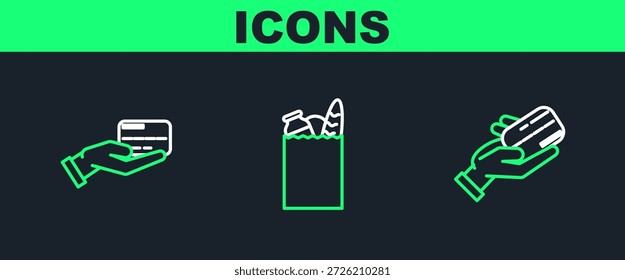 Mano humana que sostiene con la tarjeta de crédito, y el icono de la comida del bolso de compras de papel. Vector