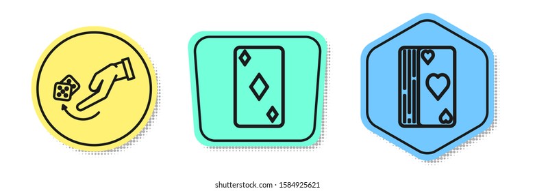Set line Human hand throwing game dice, Playing card with diamonds symbol and Deck of playing cards. Colored shapes. Vector