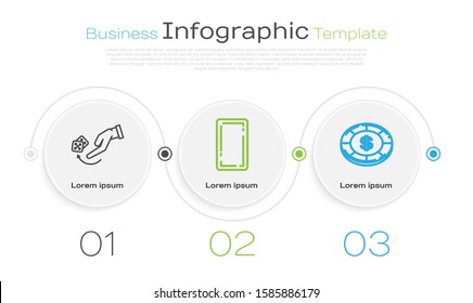 Set line Human hand throwing game dice, Playing card back and Casino chip with dollar symbol. Business infographic template. Vector