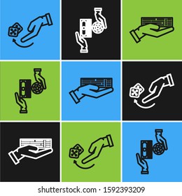 Set line Human hand throwing game dice, Hand holding deck of playing cards and Casino chips exchange on stacks of dollars icon. Vector