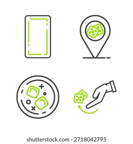 Set line Mano humana que lanza dados del juego, vaso de cubos de whisky, ubicación del casino y el icono de la tarjeta de juego atrás. Vector