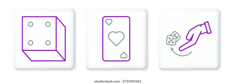 Set line Mano humana que lanza dados del juego, juego y tarjeta de juego con el icono del símbolo del corazón. Vector