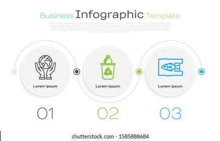 Set Line Human Hands Holding Earth Globe, Recycle Bin With Recycle Symbol And Stop Ocean Plastic Pollution. Business Infographic Template. Vector