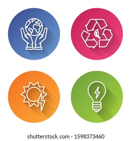 Set line Human hands holding Earth globe, Recycle symbol and leaf, Solar energy panel and Light bulb with lightning symbol. Color circle button. Vector