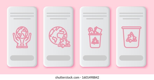 Set line Human hands holding Earth globe, Planet earth and a recycling, Recycle bin with recycle symbol and Recycle bin with recycle symbol. White rectangle button. Vector