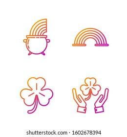 Set line Human hands holding four leaf clover, Four leaf clover, Witch cauldron and rainbow and Rainbow. Gradient color icons. Vector