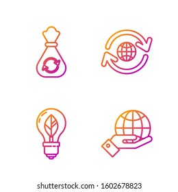 Set line Human hands holding Earth globe, Light bulb with leaf, Garbage bag with recycle and Planet earth and a recycling. Gradient color icons. Vector