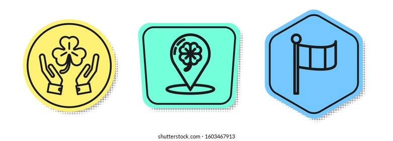 Set line Human hands holding four leaf clover, Location and four leaf clover and National Ireland flag. Colored shapes. Vector