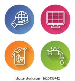 Set line Human hands holding Earth globe, Solar energy panel, Tag with leaf symbol and Water tap. Color circle button. Vector