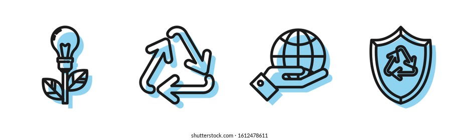 Set line Human hands holding Earth globe, Light bulb with leaf, Recycle symbol and Recycle symbol inside shield icon. Vector