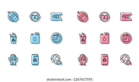 Set line Human hands holding Earth globe, Can with recycle symbol can, No plastic bottle, Planet earth recycling, Canister for gasoline, canister, Recycle bin and Battery icon. Vector