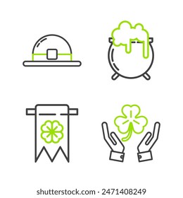 Set line Human hands holding four leaf clover, Four party pennant, Witch cauldron and Leprechaun hat icon. Vector