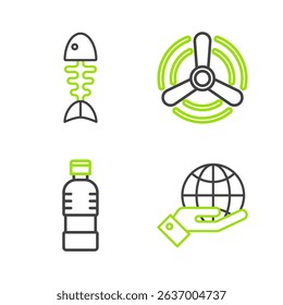 Set line Human hands holding Earth globe, Bottle of water, Wind turbine and Fish skeleton icon. Vector
