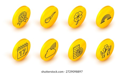 Set line Human hands holding four leaf clover, Gold coin with, Rainbow cloud, Saint Patrick's day calendar, Four, Smoking pipe and Medal icon. Vector