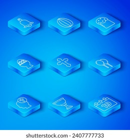 Set line Human head with christian cross, Christian, chalice, Balloons ribbon, Easter cake, egg stand, Ringing bell and Calendar Happy icon. Vector