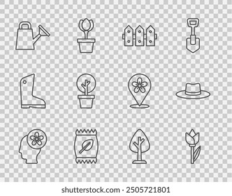 Set line Human head with flower inside, Flower tulip, Garden fence wooden, Fertilizer bag, Watering can, Forest,  and Gardener worker hat icon. Vector