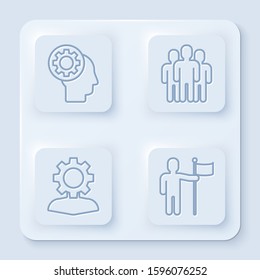 Set line Human head with gear inside, Users group, Human with gear inside and Man holding flag. White square button. Vector