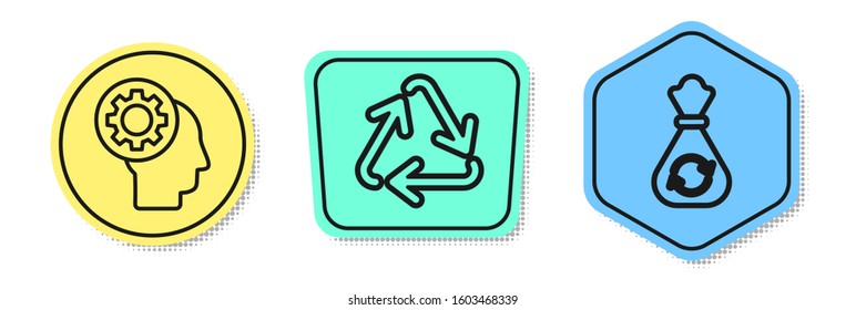 Set line Human head with gear inside, Recycle symbol and Garbage bag with recycle. Colored shapes. Vector