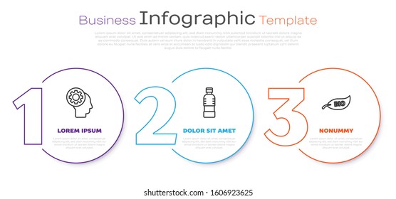 Set line Human head with gear inside, Bottle of water and Leaf Bio symbol. Business infographic template. Vector