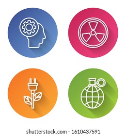 Set line Human head with gear inside, Radioactive, Electric saving plug in leaf and Planet earth and a recycling. Color circle button. Vector
