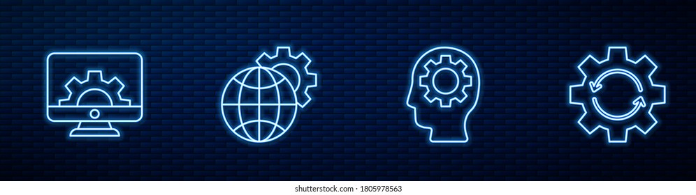 Fijar la línea Cabeza humana con el engranaje en el interior, Monitor informático y, flechas Globe of the Earth y Gear como flujo de trabajo. Icono de neón brillante en la pared de ladrillo. Vector