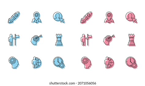 Set line Human head with gear inside, Globe and people, Rocket ship fire, Time Management, Head hunting concept, Business strategy, holding flag and Location job icon. Vector