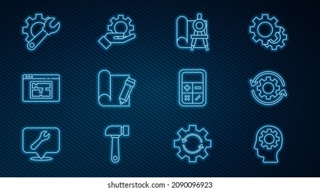 Set line Human head with gear inside, Gear and arrows as workflow, Graphing paper compass, pencil, House plan, Wrench spanner, Calculator and Settings the hand icon. Vector