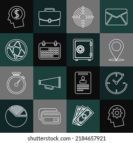 Set line Human head with gear inside, Clock arrow, Map pin, Target sport, Calendar, Social network, Business planning mind and Safe icon. Vector