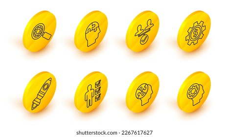 Set line Human head with gear inside, puzzles strategy, User of business suit, Rocket ship fire, Gear dollar symbol, Project team base,  and Magnifying glass and icon. Vector