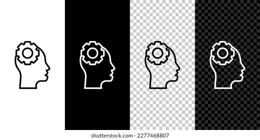 Set line Human head with gear inside icon isolated on black and white, transparent background. Artificial intelligence. Thinking brain. Symbol work of brain.  Vector