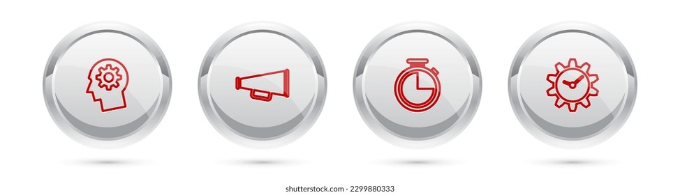 Set line Human head with gear inside, Megaphone, Stopwatch and Time Management. Silver circle button. Vector