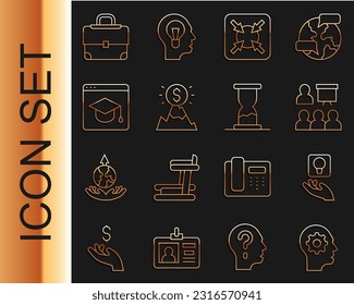 Set line Human head with gear inside, Light bulb, Training, presentation, Target, Mountains flag, Online education, Briefcase and Old hourglass sand icon. Vector